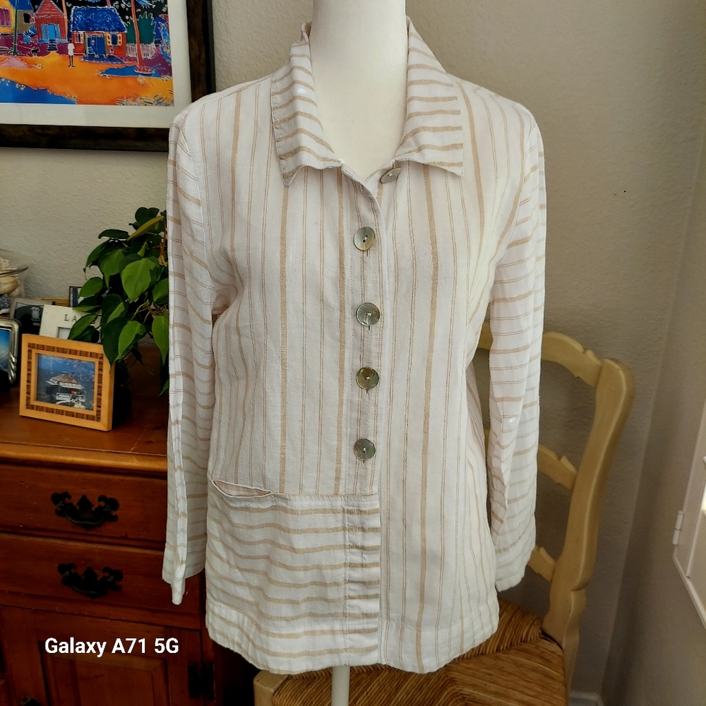 Habitat Linen Blouse Off White & Tan Stripe Button Down Long Sleeve Sz S